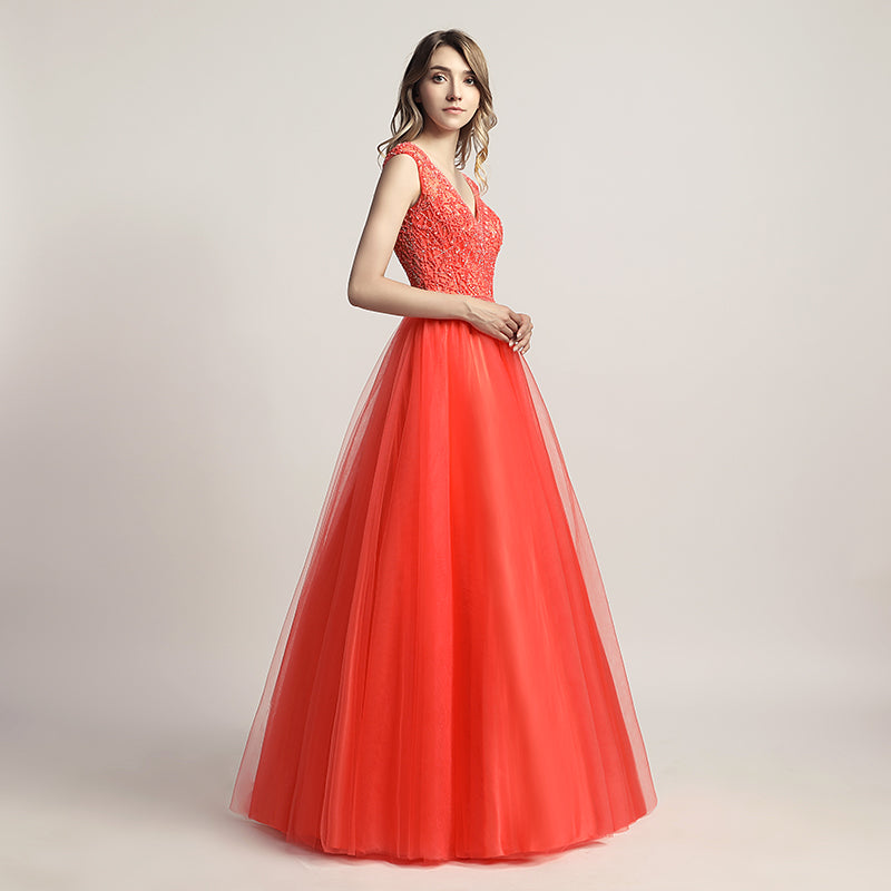 Glamorous Red Sleeveless V - Neck Tulle Ball Gown with Embroidered Bodice Prom Dress, LX426