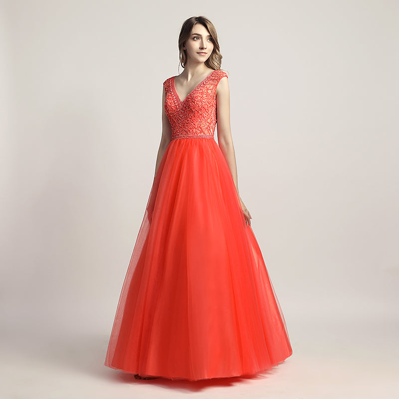 Glamorous Red Sleeveless V - Neck Tulle Ball Gown with Embroidered Bodice Prom Dress, LX426