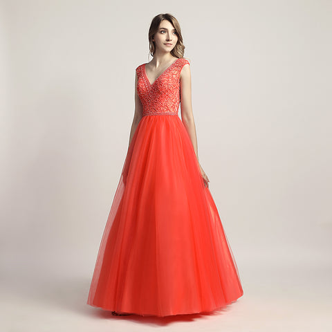 Glamorous Red Sleeveless V - Neck Tulle Ball Gown with Embroidered Bodice Prom Dress, LX426