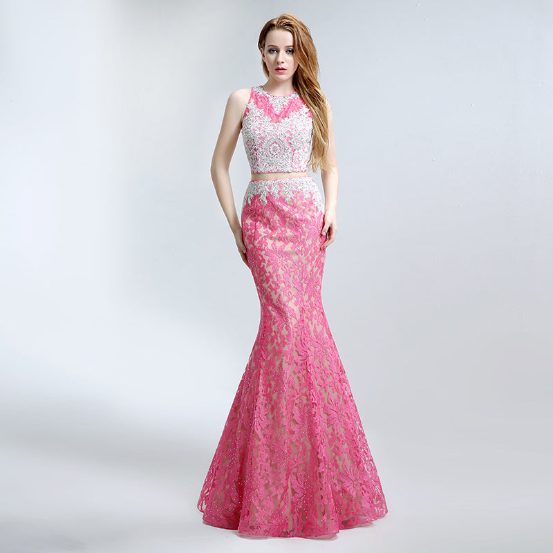 Stunning Sleeveless Pink Two - piece Mermaid Gown with Intricate Lace Pattern Prom Dress,LX160