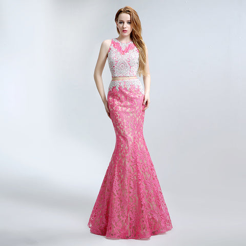Stunning Sleeveless Pink Two - piece Mermaid Gown with Intricate Lace Pattern Prom Dress,LX160