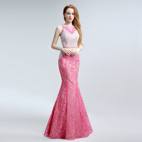 Stunning Sleeveless Pink Two - piece Mermaid Gown with Intricate Lace Pattern Prom Dress,LX160
