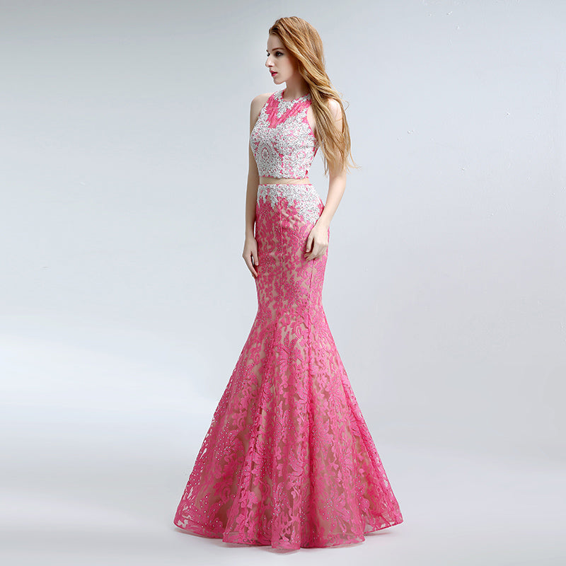 Stunning Sleeveless Pink Two - piece Mermaid Gown with Intricate Lace Pattern Prom Dress,LX160