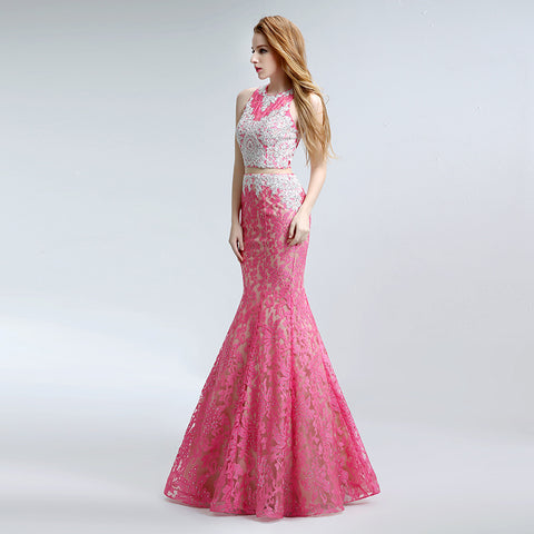 Stunning Sleeveless Pink Two - piece Mermaid Gown with Intricate Lace Pattern Prom Dress,LX160