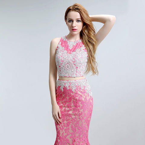 Stunning Sleeveless Pink Two - piece Mermaid Gown with Intricate Lace Pattern Prom Dress,LX160