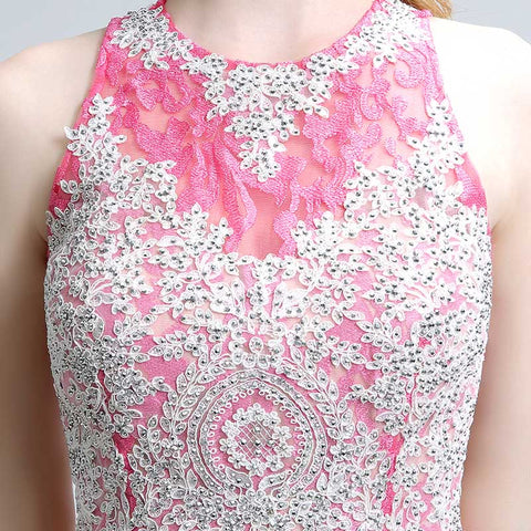 Stunning Sleeveless Pink Two - piece Mermaid Gown with Intricate Lace Pattern Prom Dress,LX160