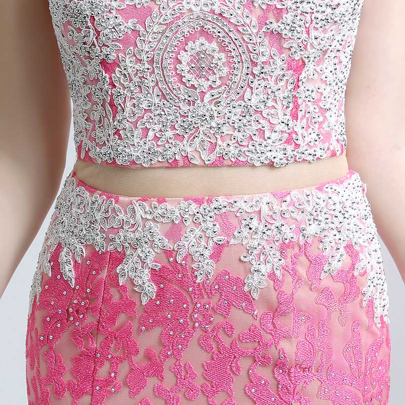 Stunning Sleeveless Pink Two - piece Mermaid Gown with Intricate Lace Pattern Prom Dress,LX160