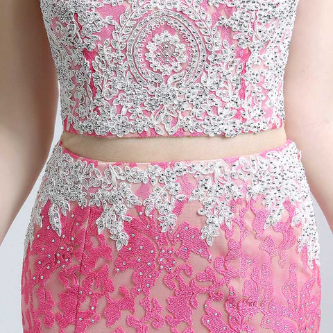 Stunning Sleeveless Pink Two - piece Mermaid Gown with Intricate Lace Pattern Prom Dress,LX160