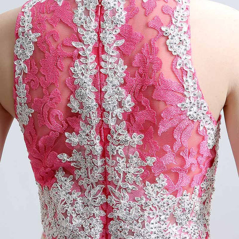 Stunning Sleeveless Pink Two - piece Mermaid Gown with Intricate Lace Pattern Prom Dress,LX160