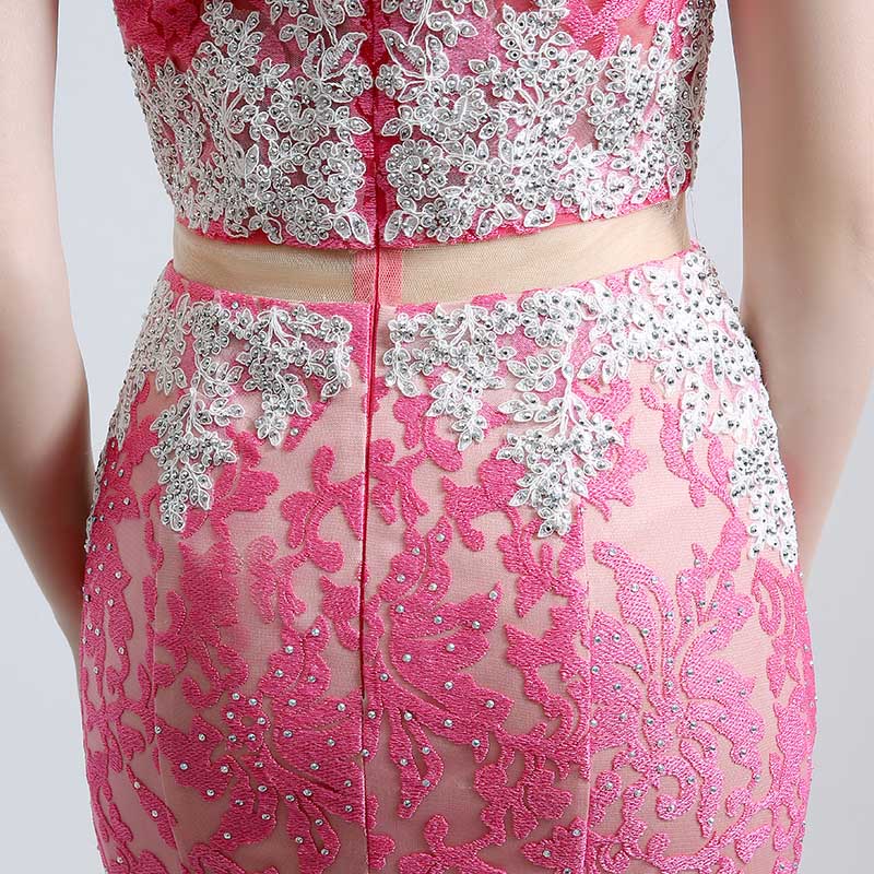 Stunning Sleeveless Pink Two - piece Mermaid Gown with Intricate Lace Pattern Prom Dress,LX160