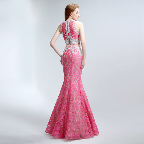 Stunning Sleeveless Pink Two - piece Mermaid Gown with Intricate Lace Pattern Prom Dress,LX160