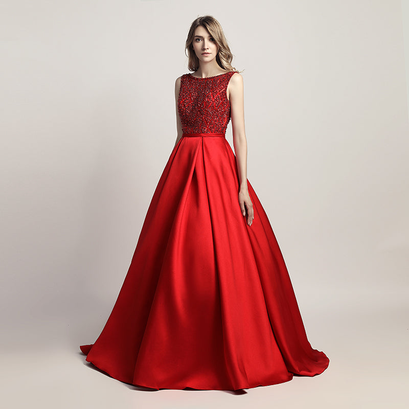 Glamorous Red Sleeveless A - Line Ball Gown with Embroidered Bodice  Prom Dress,LX443