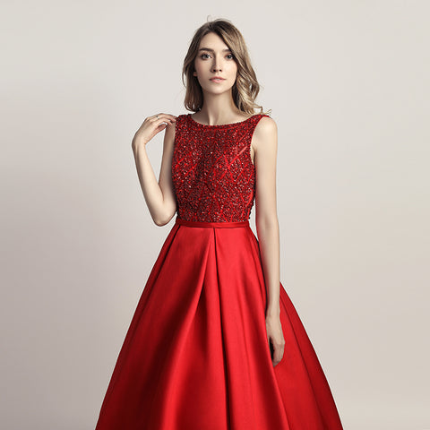 Glamorous Red Sleeveless A - Line Ball Gown with Embroidered Bodice  Prom Dress,LX443
