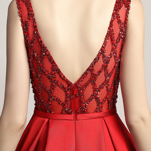 Glamorous Red Sleeveless A - Line Ball Gown with Embroidered Bodice  Prom Dress,LX443
