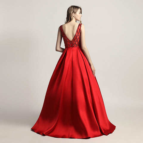 Glamorous Red Sleeveless A - Line Ball Gown with Embroidered Bodice  Prom Dress,LX443