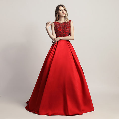 Glamorous Red Sleeveless A - Line Ball Gown with Embroidered Bodice  Prom Dress,LX443