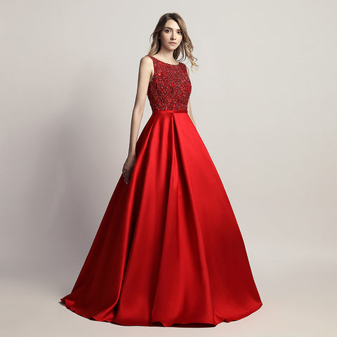 Glamorous Red Sleeveless A - Line Ball Gown with Embroidered Bodice  Prom Dress,LX443