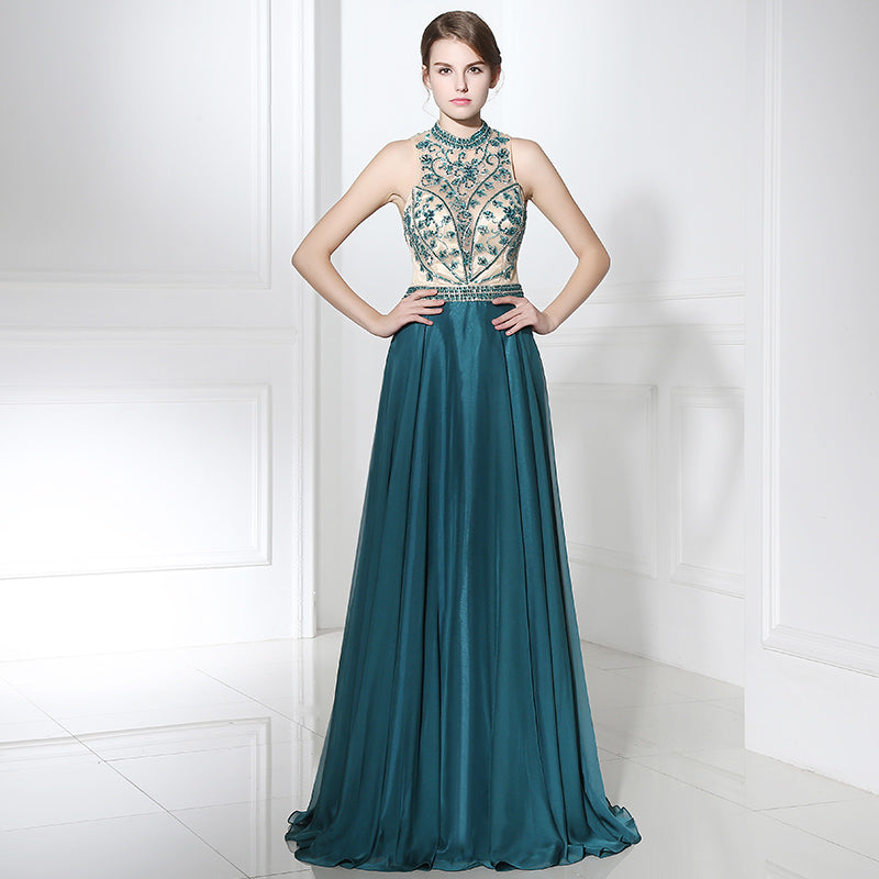 Elegant Halter - Neck Teal Gown with Embroidered Bodice Flowing Prom  Dress,LX375