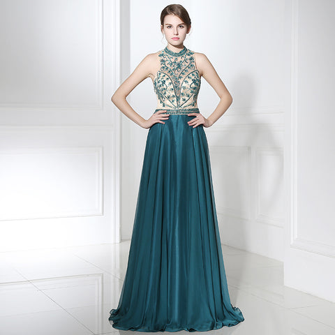 Elegant Halter - Neck Teal Gown with Embroidered Bodice Flowing Prom  Dress,LX375