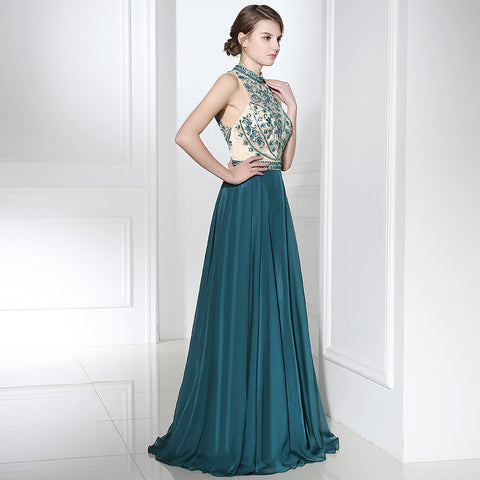 Elegant Halter - Neck Teal Gown with Embroidered Bodice Flowing Prom  Dress,LX375