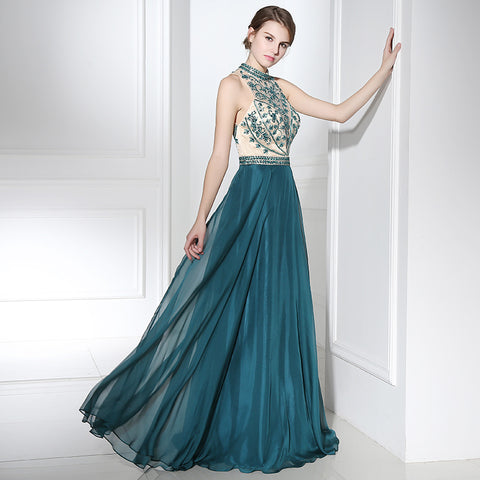 Elegant Halter - Neck Teal Gown with Embroidered Bodice Flowing Prom  Dress,LX375