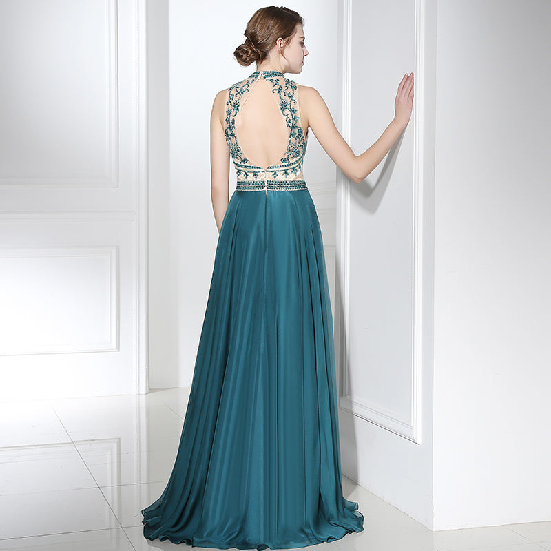 Elegant Halter - Neck Teal Gown with Embroidered Bodice Flowing Prom  Dress,LX375