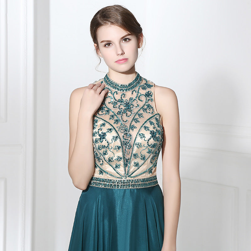 Elegant Halter - Neck Teal Gown with Embroidered Bodice Flowing Prom  Dress,LX375