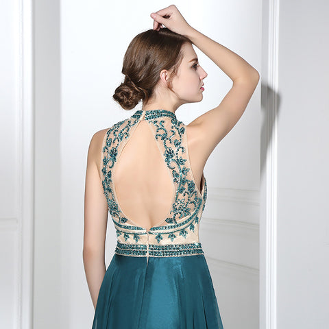 Elegant Halter - Neck Teal Gown with Embroidered Bodice Flowing Prom  Dress,LX375