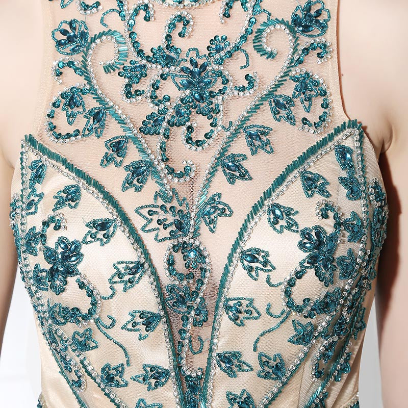 Elegant Halter - Neck Teal Gown with Embroidered Bodice Flowing Prom  Dress,LX375