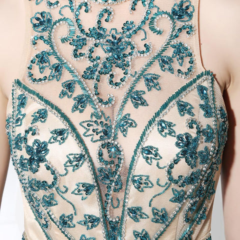 Elegant Halter - Neck Teal Gown with Embroidered Bodice Flowing Prom  Dress,LX375