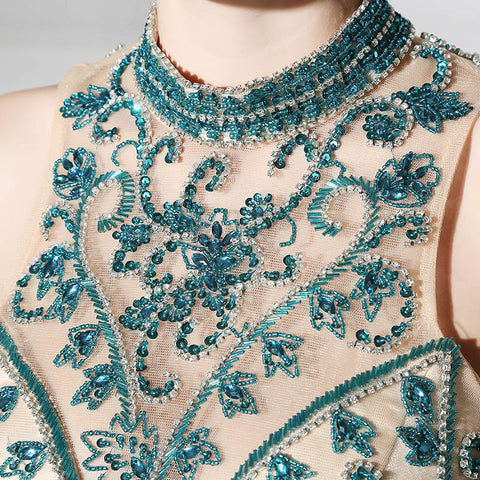 Elegant Halter - Neck Teal Gown with Embroidered Bodice Flowing Prom  Dress,LX375
