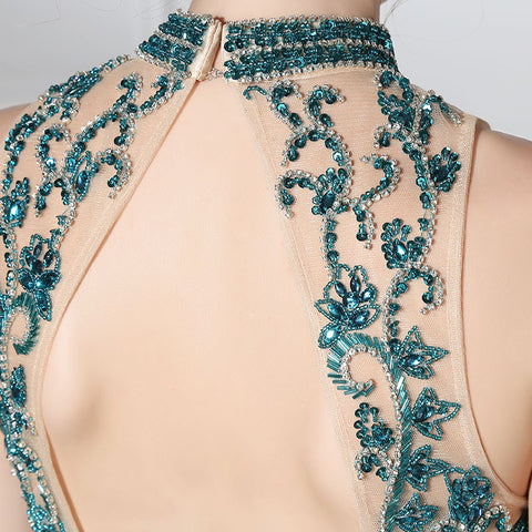Elegant Halter - Neck Teal Gown with Embroidered Bodice Flowing Prom  Dress,LX375