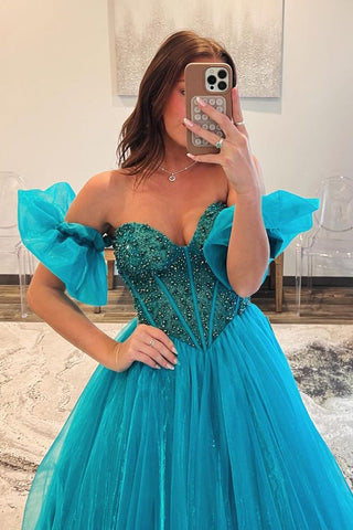 Blue Strapless Beaded Long Prom Dress with Sleeves