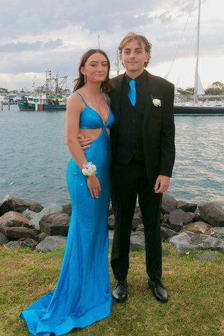 Charming V Neck Mermaid Satin Prom Dresses
