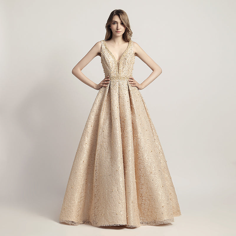 Stunning Light Blue Sleeveless V - Neck Ball Gown Prom Dress with Sparkling Embellishments ,LX442