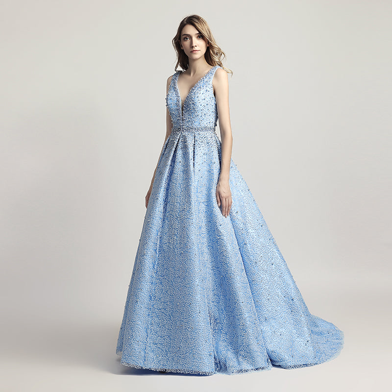 Stunning Light Blue Sleeveless V - Neck Ball Gown Prom Dress with Sparkling Embellishments ,LX442