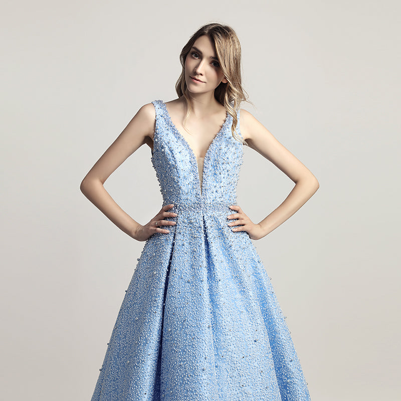 Stunning Light Blue Sleeveless V - Neck Ball Gown Prom Dress with Sparkling Embellishments ,LX442