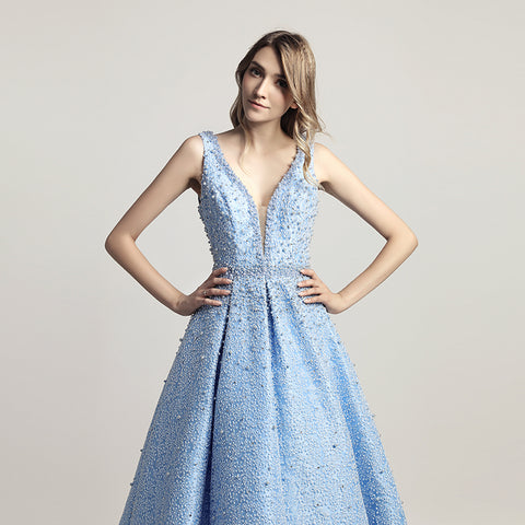 Stunning Light Blue Sleeveless V - Neck Ball Gown Prom Dress with Sparkling Embellishments ,LX442