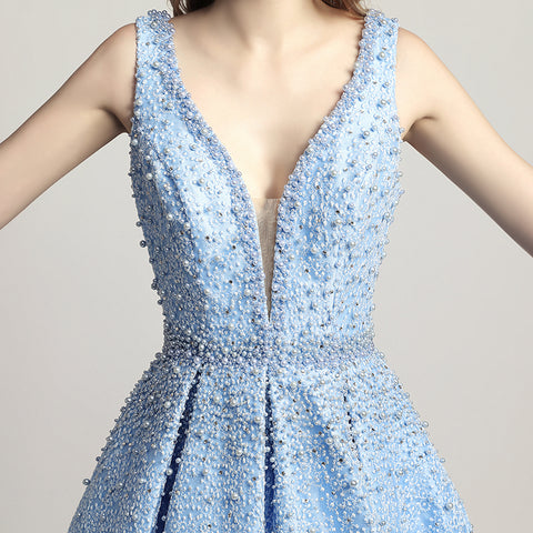 Stunning Light Blue Sleeveless V - Neck Ball Gown Prom Dress with Sparkling Embellishments ,LX442