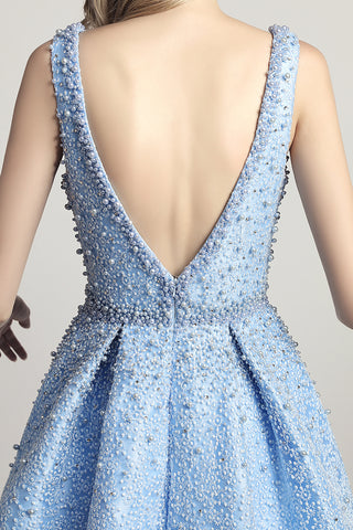 Stunning Light Blue Sleeveless V - Neck Ball Gown Prom Dress with Sparkling Embellishments ,LX442