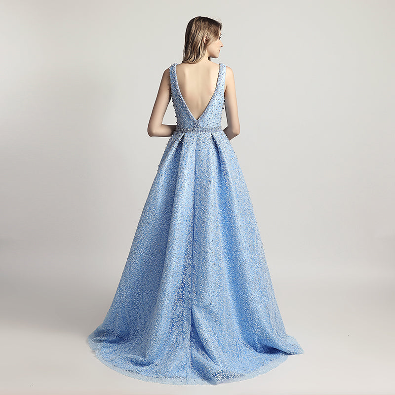 Stunning Light Blue Sleeveless V - Neck Ball Gown Prom Dress with Sparkling Embellishments ,LX442