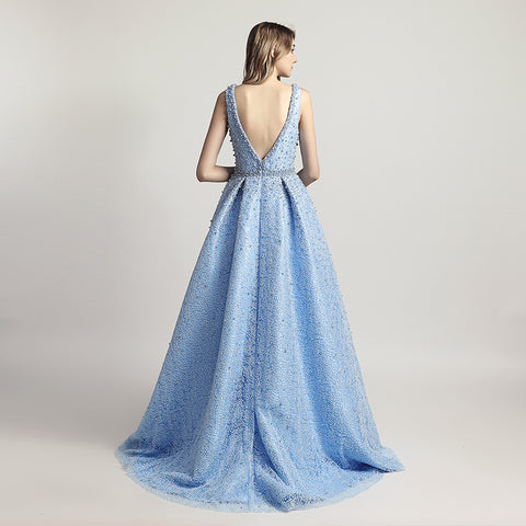 Stunning Light Blue Sleeveless V - Neck Ball Gown Prom Dress with Sparkling Embellishments ,LX442