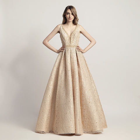 Stunning Light Blue Sleeveless V - Neck Ball Gown Prom Dress with Sparkling Embellishments ,LX442