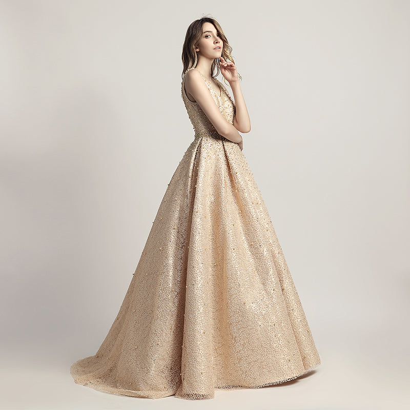 Stunning Light Blue Sleeveless V - Neck Ball Gown Prom Dress with Sparkling Embellishments ,LX442