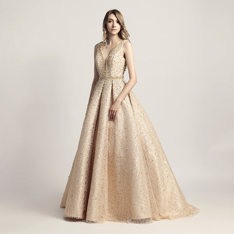 Stunning Light Blue Sleeveless V - Neck Ball Gown Prom Dress with Sparkling Embellishments ,LX442