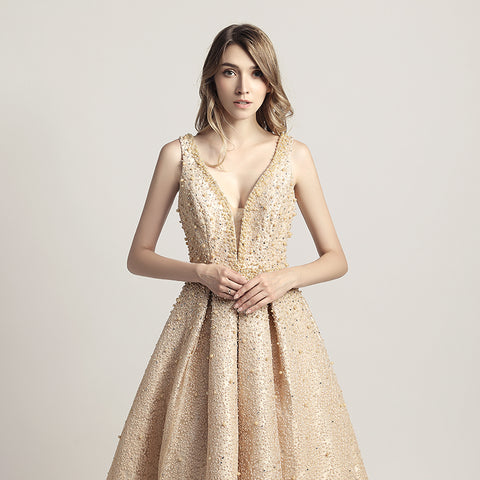 Stunning Light Blue Sleeveless V - Neck Ball Gown Prom Dress with Sparkling Embellishments ,LX442