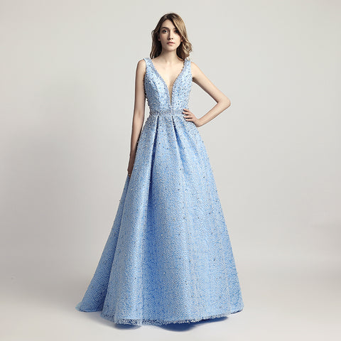 Stunning Light Blue Sleeveless V - Neck Ball Gown Prom Dress with Sparkling Embellishments ,LX442
