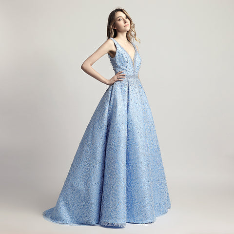 Stunning Light Blue Sleeveless V - Neck Ball Gown Prom Dress with Sparkling Embellishments ,LX442