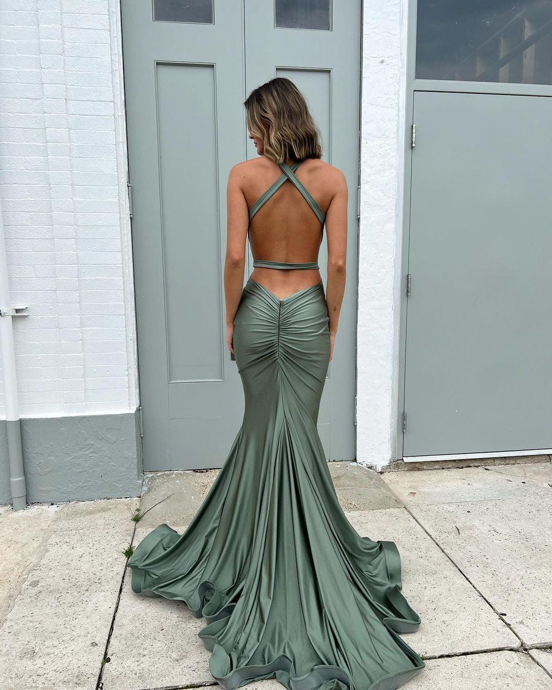 Charming Dark Green V Neck Mermaid Elastic Satin Long Prom Dresses