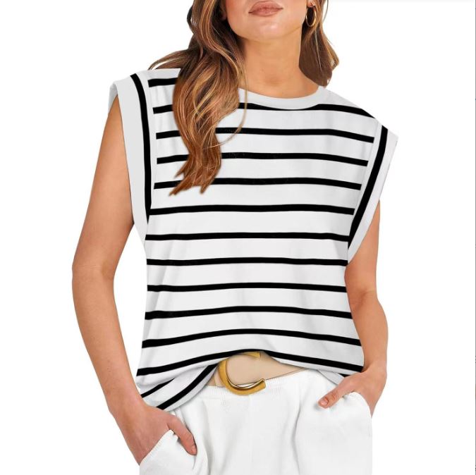 Spring and summer round neck loose short sleeved striped women's vest